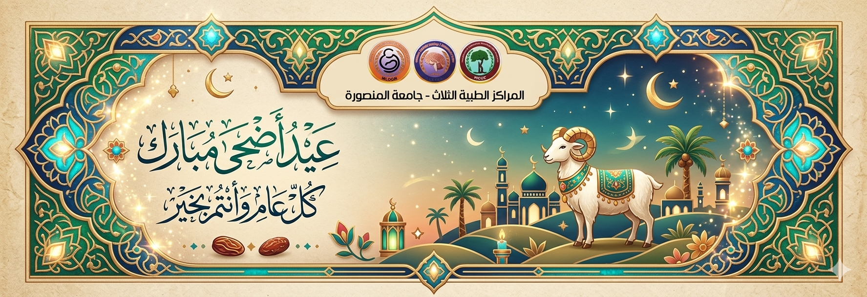 تتقدم إدارة المراكز الطبية الثلاثة بخالص التهاني القلبية وأطيب التمنيات لجميع السادة العاملين بجامعة المنصورة، بمناسبة حلول عيد الأضحى المبارك